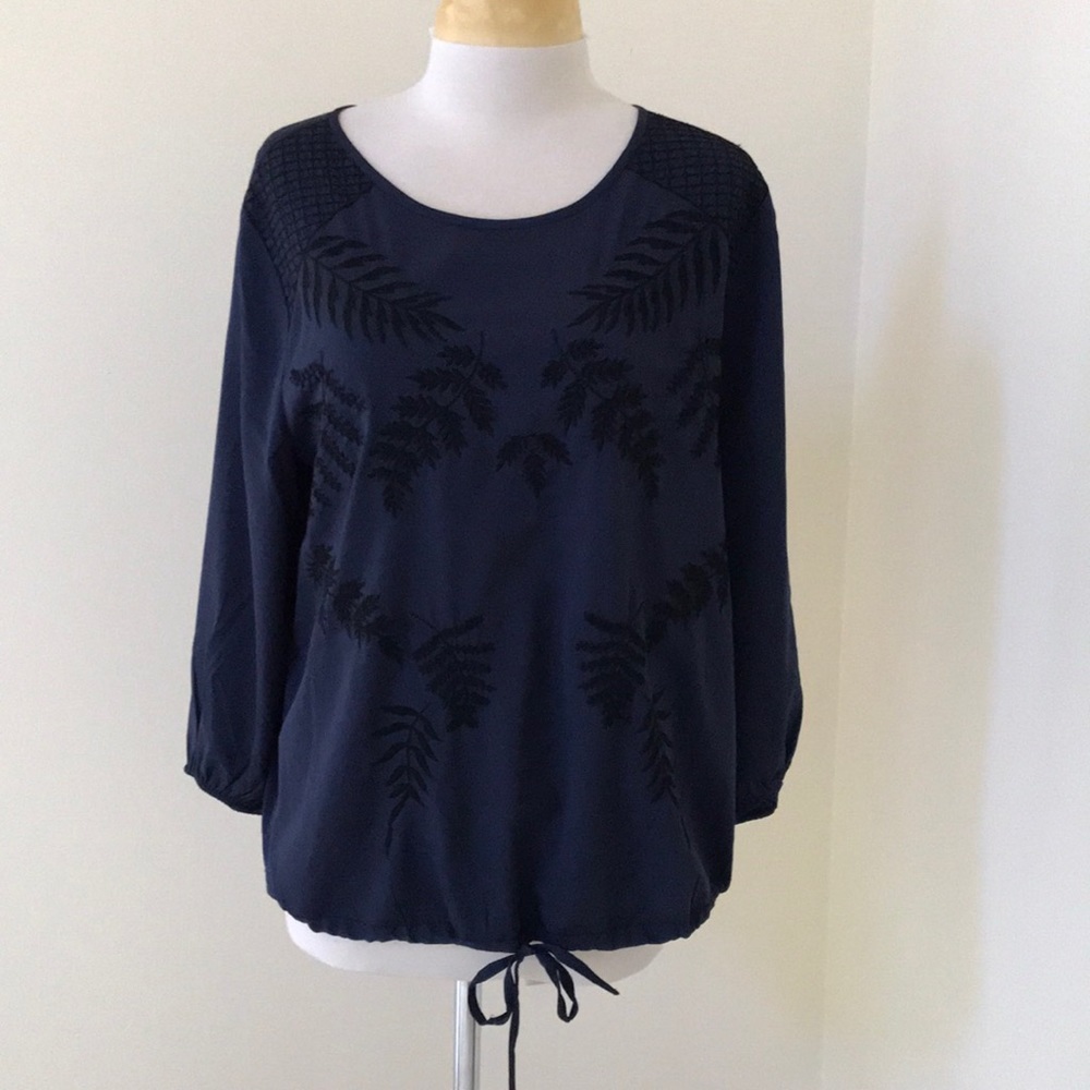 New! Bass large navy embroidered blouse .